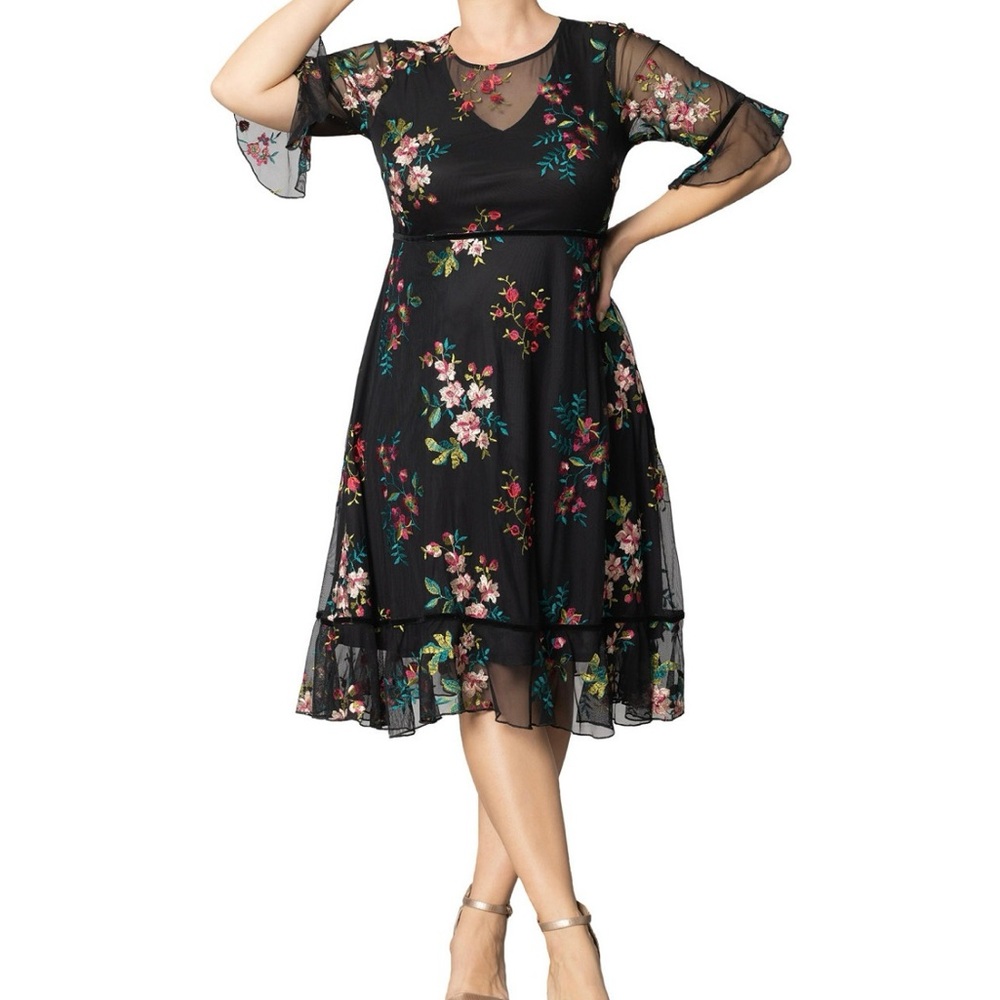 Black A-Line Midi Dress with Bell Sleeves
